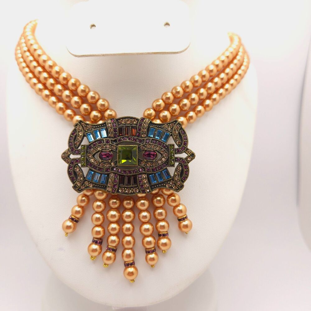Heidi Daus | Golden Faux Pearl Beaded Necklace Multi-Strand Crystal Pendant